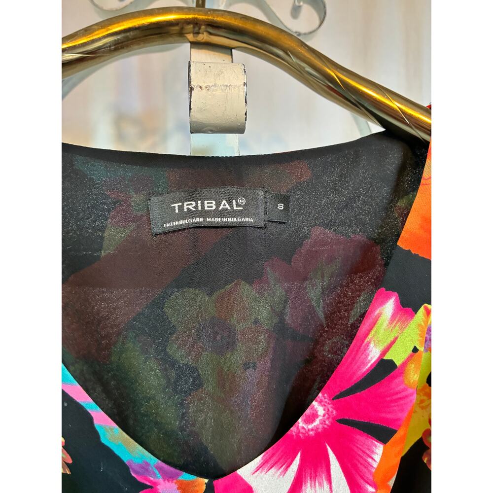 Tribal Dress Vintage A-Line Vibrant Tropical Floral Ruffle Hem V-Neck Lined Sz 8 - Picture 9 of 9